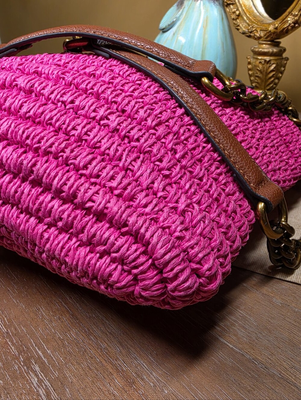 Kurt Geiger Hot Pink Brixton Raffia Chain-Handle Tote Shoulder Bag (Retail $285) - Picture 11 of 14